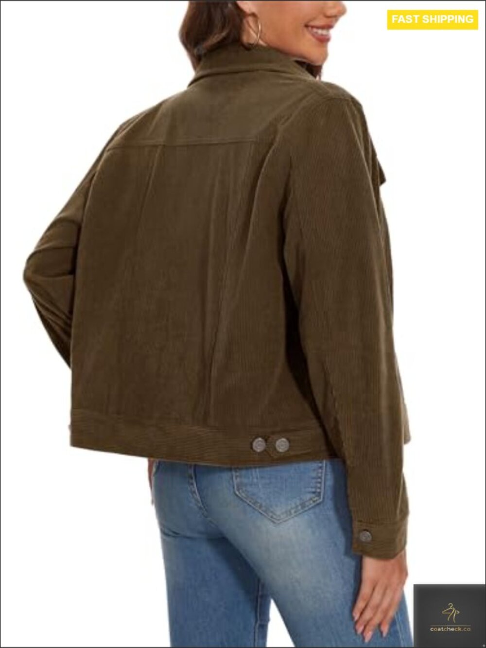 Cropped Corduroy Jacket Button Down Shacket Long Sleeve Flap Pockets Casual - Picture 2 of 7